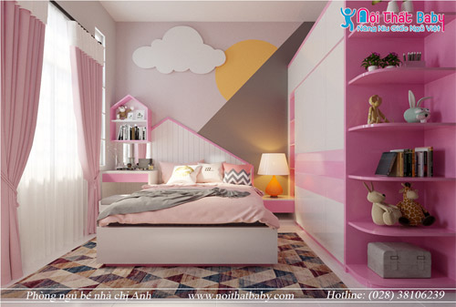 Phòng ngủ bé gái màu hồng xinh xắn