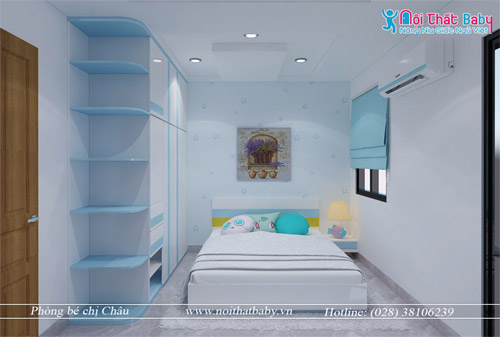 Phòng ngủ trắng xanh gọn đẹp cho bé