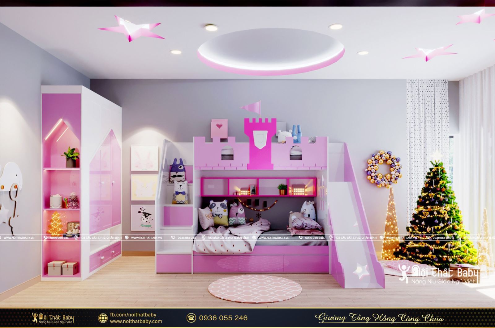 Mẫu giường tầng màu hồng dành cho công chúa nhỏ năm 2021