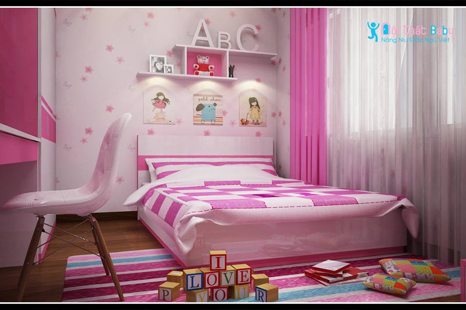 Phòng ngủ màu hồng phấn cho bé gái