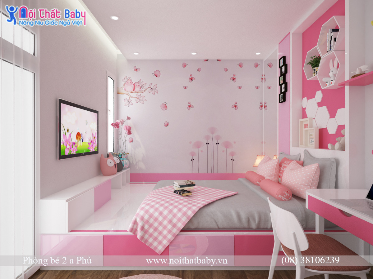 phòng ngủ cho bé màu hồng xinh xắn