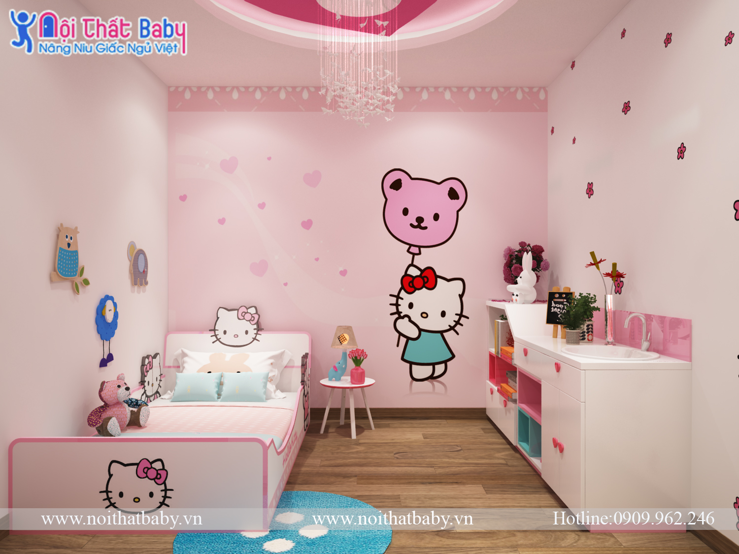 Thiết kế phòng bé chủ đề hello kitty cho bé gái