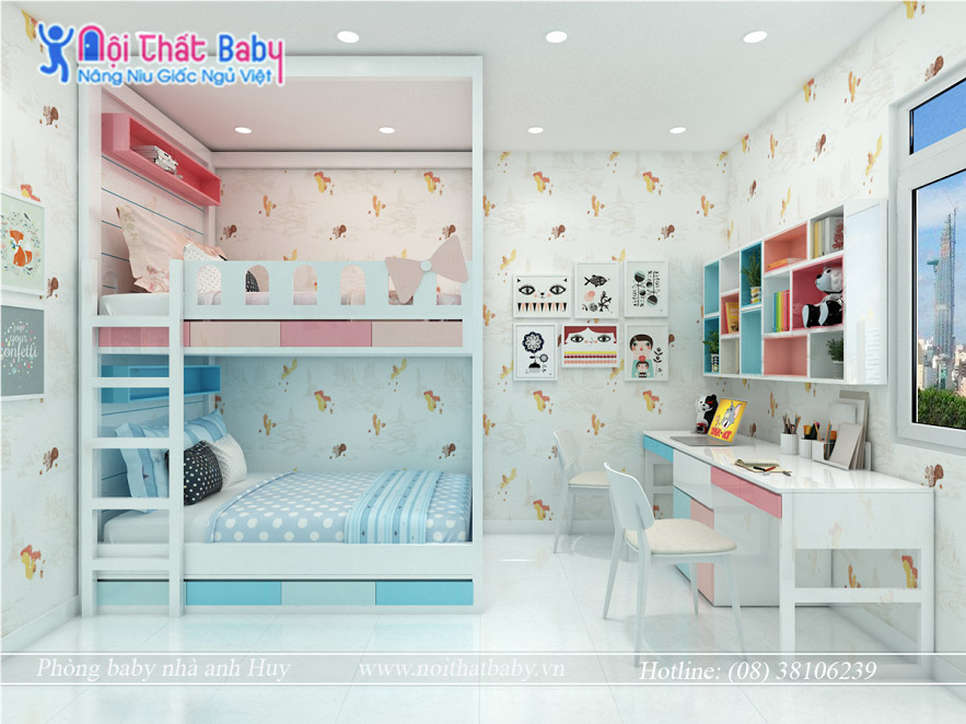 Bộ phòng ngủ giường tầng xanh hồng hòa quyện