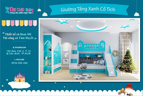 Giường tầng xanh cổ tích cho bé trai