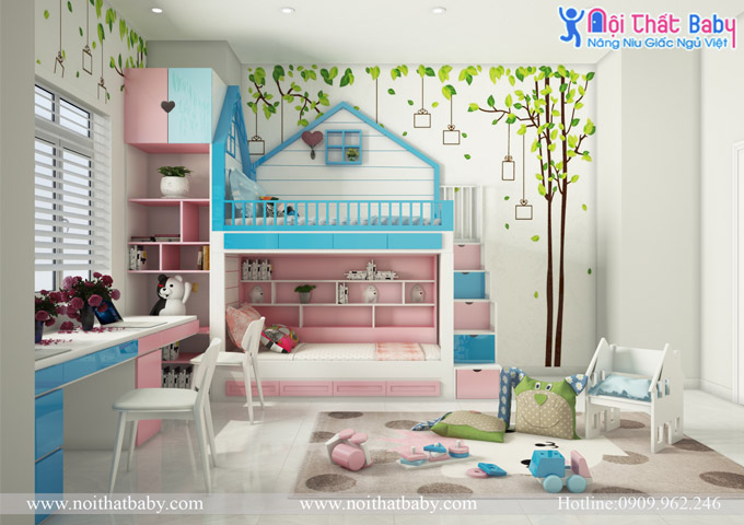 Trang trí nội thất phòng ngủ trẻ em, mẫu giường tầng trẻ em đẹp, bàn học đôi cho bé, phòng ngủ trẻ em màu hồng xanh,