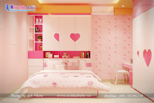 Phòng ngủ bé gái màu hồng đào xinh xắn